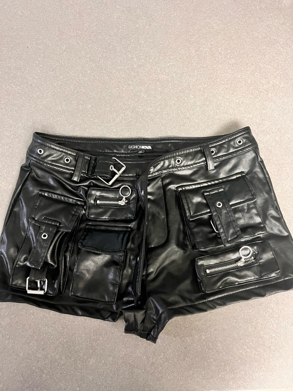 Fashion Nova Black Faux Leather Cargo Shorts with Utility Pockets